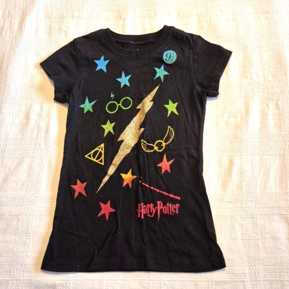 Harry Potter girls size 6/6X black short sleeve shirt, sparkly lightening, VGUC